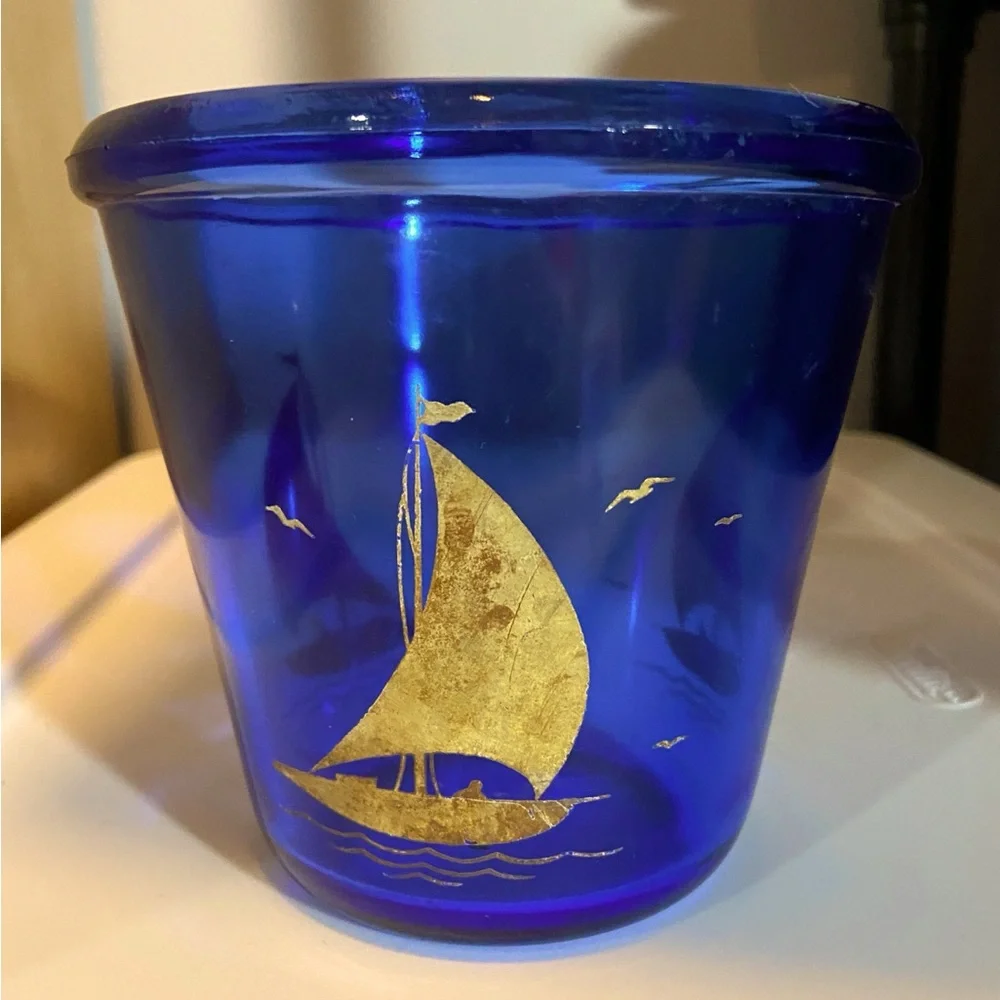 Vintage 4” Hazel Atlas Cobalt Blue Sailboat Ice Bucket - Depression Glass